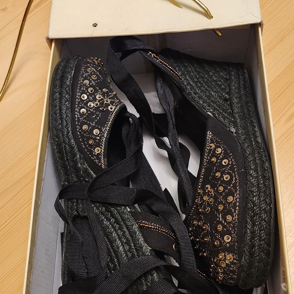 Black Lace-Up Espadrille Wedge with Gold Stud Detail